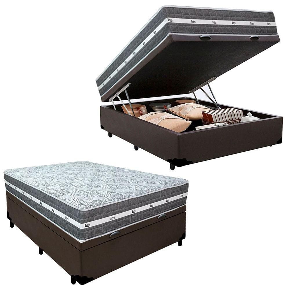 Cama Box Baú Casal Sintético + Colchão Black Graphite Molas Ensacadas 138x188x64cm Marrom
