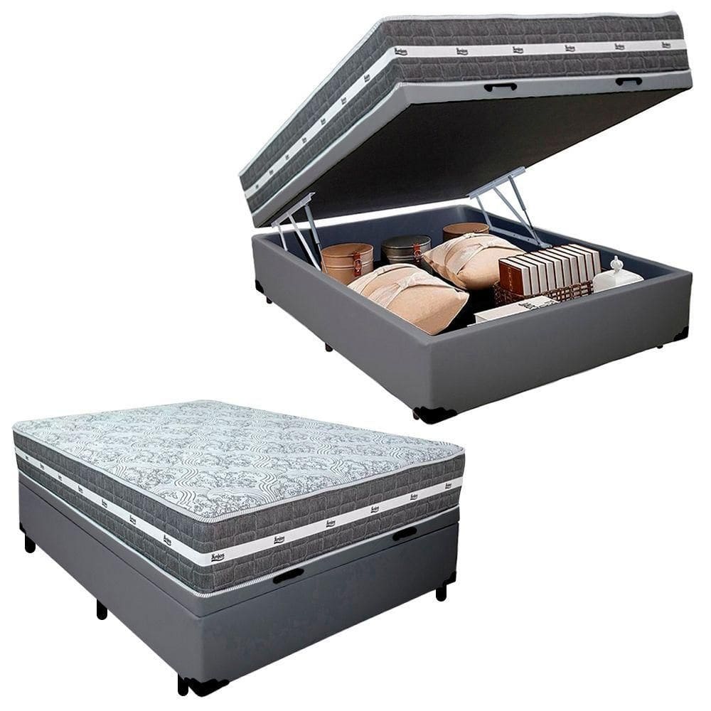 Cama Box Baú Casal Sintético + Colchão Black Graphite Molas Ensacadas 138x188x64cm Cinza