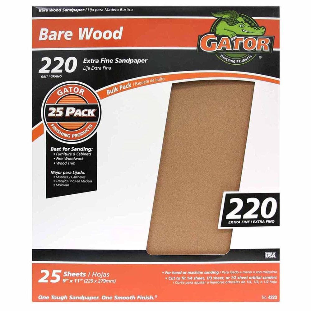 Folhas de lixa GATOR 220 Grit para madeira nua, 9 x 11 polegadas, pacote com 25