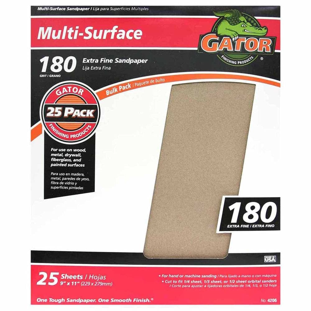 Folhas de lixa Gator 180 Grit 23x28 cm para várias superfícies, pacote com 25