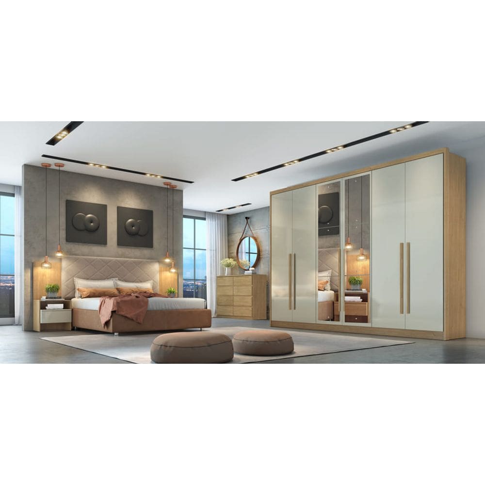 Guarda Roupa Casal Com Espelho 6 Portas 6 Gavetas - Robust -Cumaru/Fendi - Móveis Novo Horizonte