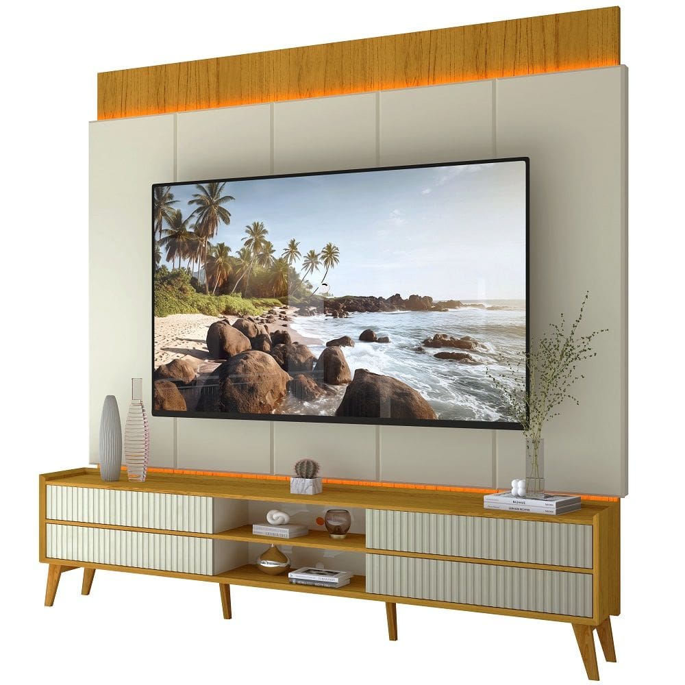 Painel Gelius Magnifico tecnológico e rack Magnifico 100% MDF com LED largura de 220 cm pés de madeira maciça Naturale OFF White