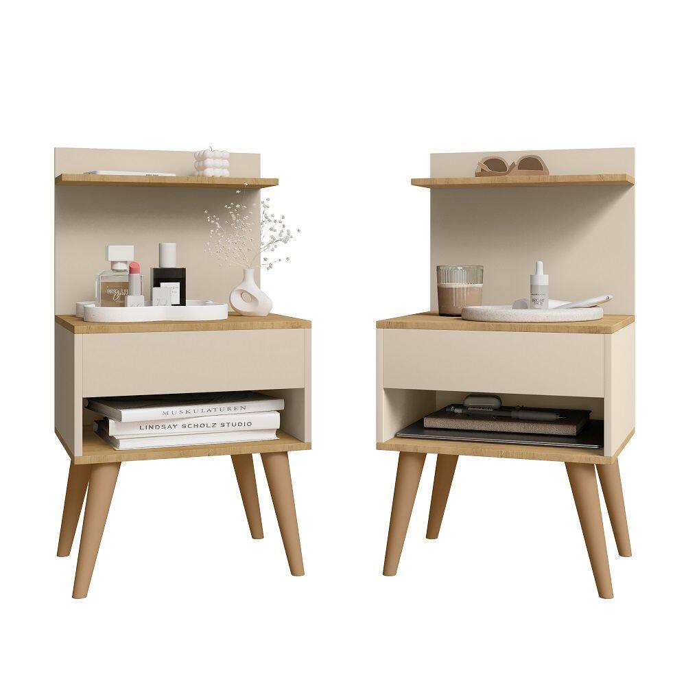 Kit 2 unidades de mesa de Cabeceira RV Móveis Kosovo com nicho e prateleira pés palito retro Cinamomo Off White