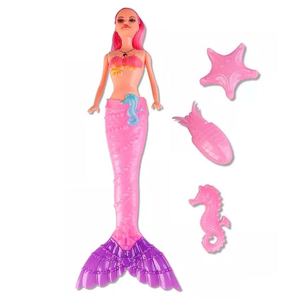 Kit De Boneca Sereia Princesa + Acessórios Acende S/ Caixa