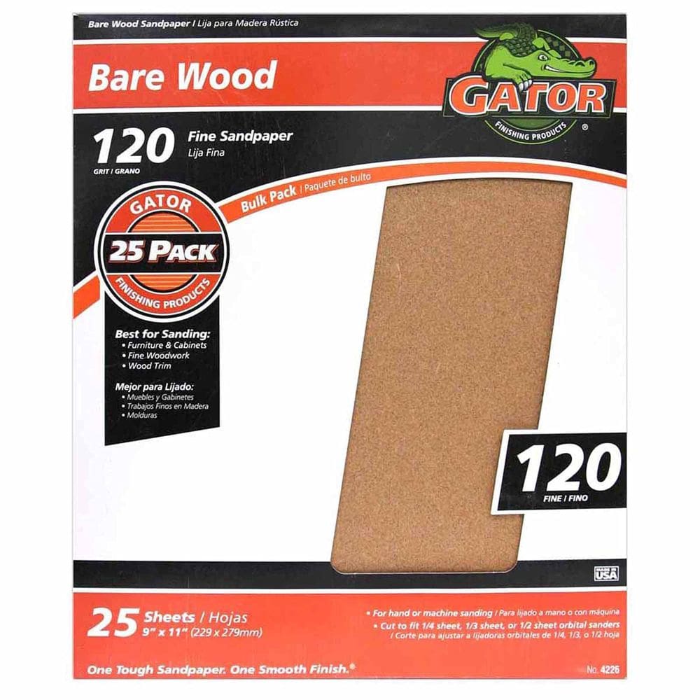 Lençóis de lixa Gator 23x28cm 120 Grit, pacote com 25 unidades de madeira