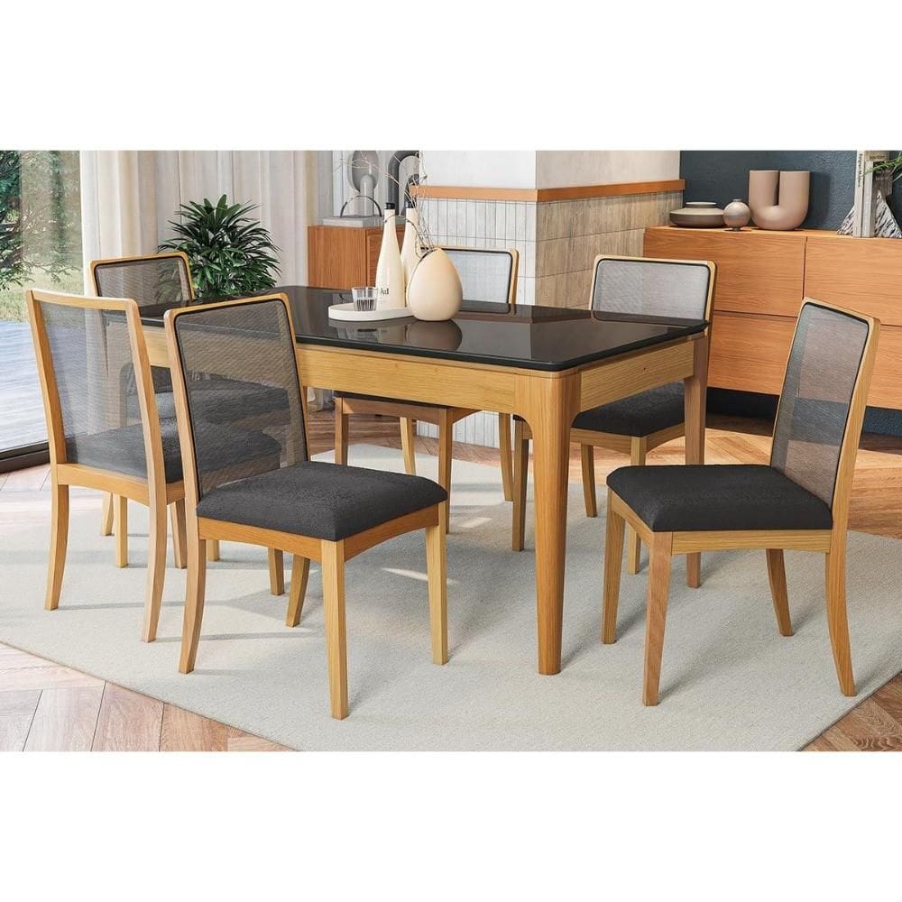 Sala de Jantar Completa Mira Premium Madeira Maciça c/ Tampo Madeirado c/ Vidro 160x90cm e 6 Cadeiras Lara Carvalho/Preto - Boucle Grafite - Kappesber