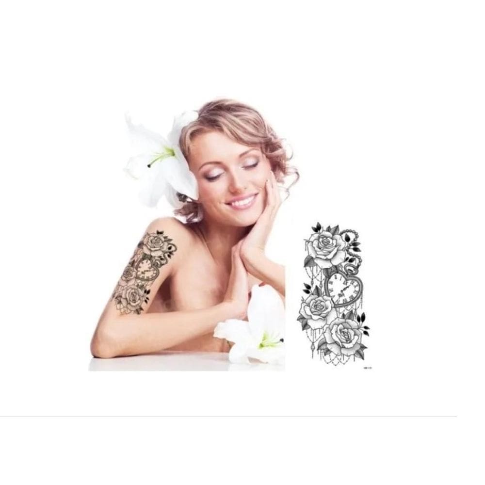 Tatuagem Temporária Delicada Com 20 Cm Flor Relógio Coração