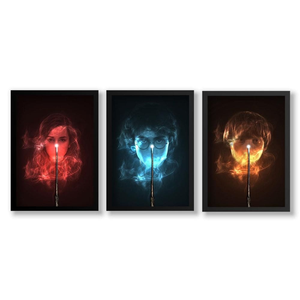 Kit 3 Quadros Decorativos Harry Potter Moldura Com Vidro