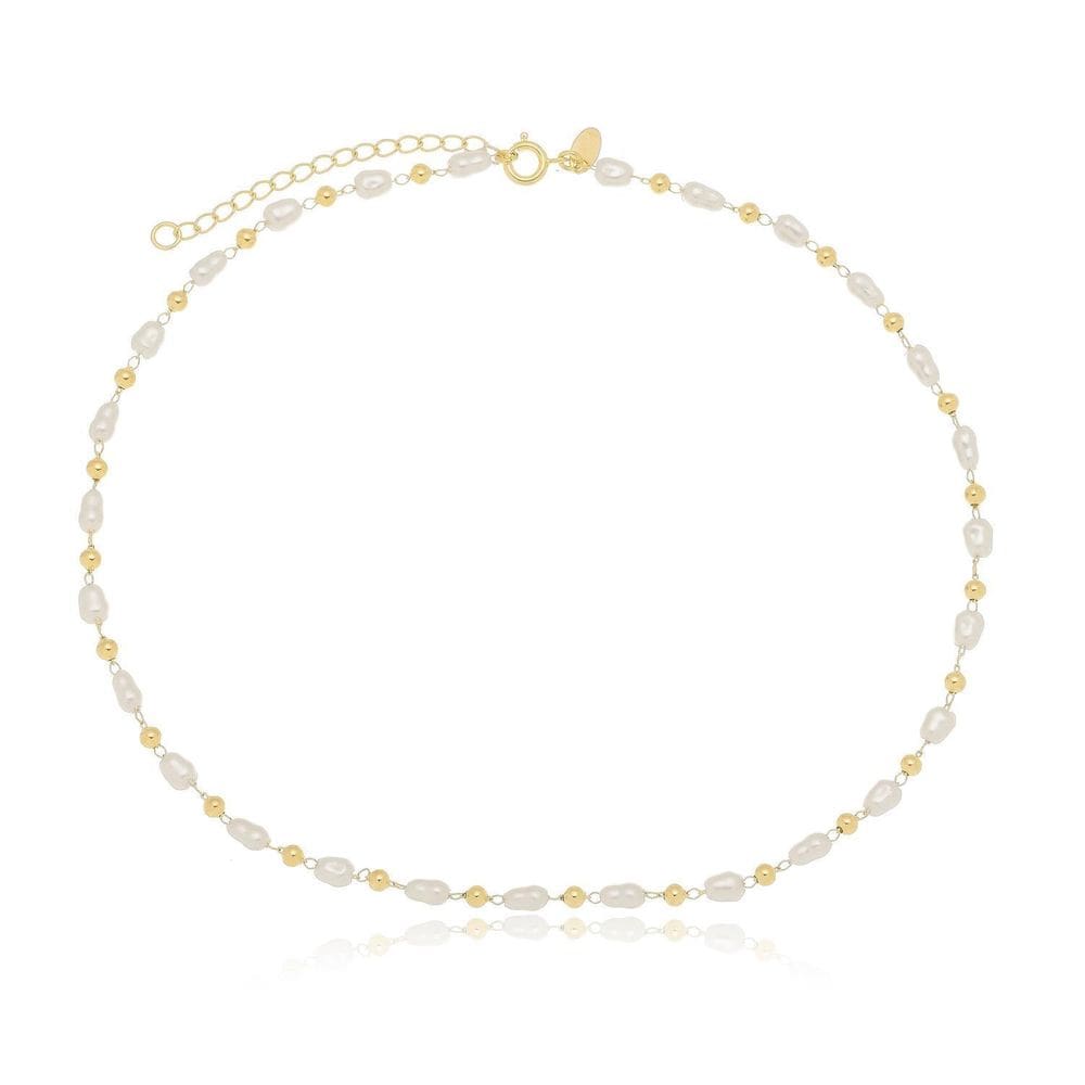Choker Pérola E Bolinha Dourada Banhada A Ouro 18K