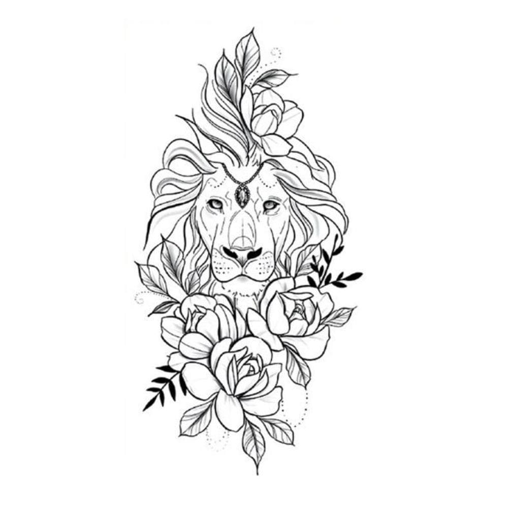 Tatuagem Temporária Dark Delicada Com 20 Cm Leão E Flores