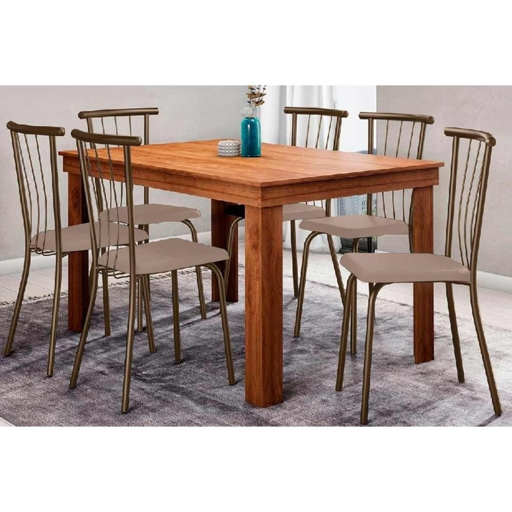 Sala de Jantar Completa 1543 c/ Tampo Madeirado 136x80cm e 6 Cadeiras 154 Ouro Velho/Suede Conhaque - Carraro