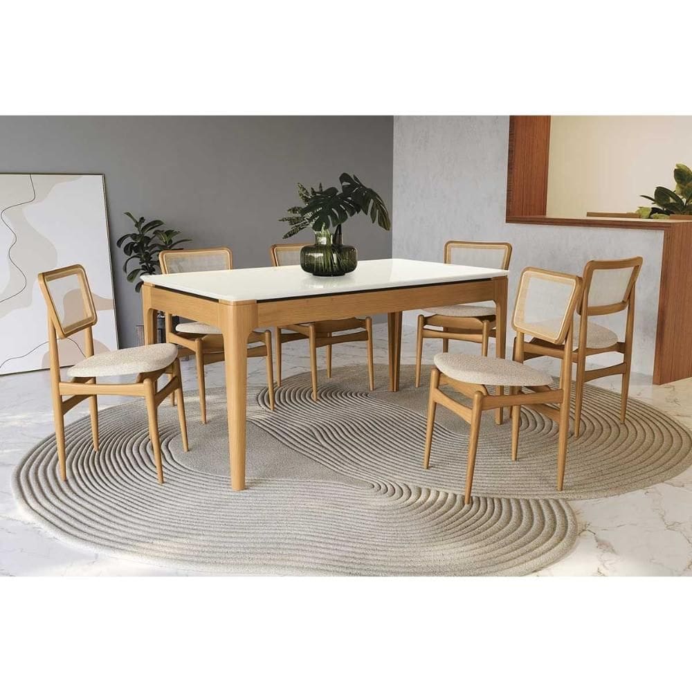 Conjunto Sala de Jantar Mira Premium Madeira Maciça c/ Tampo Madeirado c/ Vidro 160x90cm e 6 Cadeiras Stela Carvalho/Off White - Boucle Bege Fendi-Kap