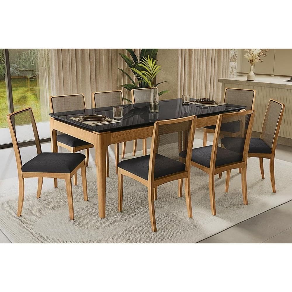 Conjunto Sala de Jantar Mira Premium Madeira Maciça c/ Tampo Madeirado c/ Vidro 200x100cm e 8 Cadeiras Lara Carvalho/Preto - Boucle Grafite-Kappesberg