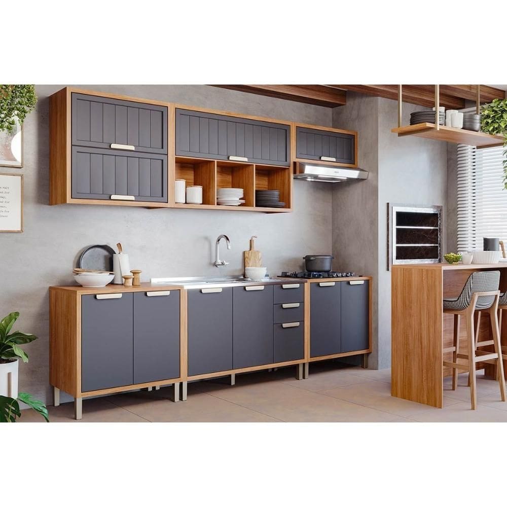 Cozinha Completa Estela 6 Peças (3Aéreos+3Balcões) C6P127 Cinamomo/Titanium - MGM