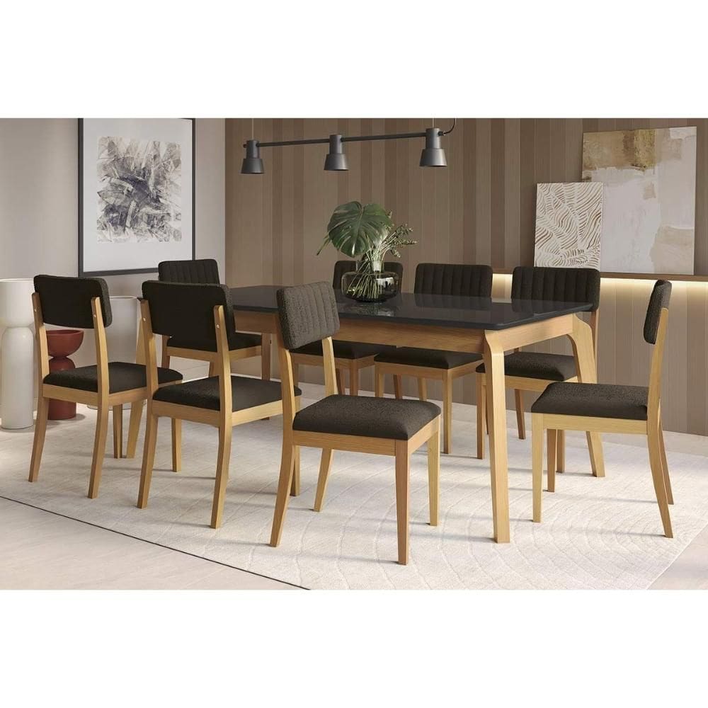 Conjunto Sala de Jantar Petra Premium Madeira Maciça c/ Tampo Madeirado c/ Vidro 200x100cm e 8 Cadeiras Telma Carvalho/Preto - Boucle Grafite-Kappesbe