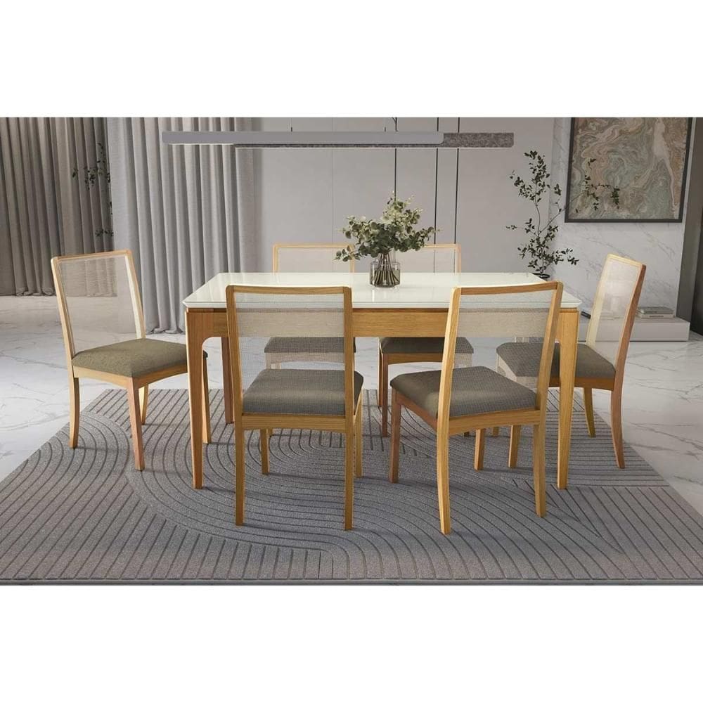 Conjunto Sala de Jantar Mira Premium Madeira Maciça c/ Tampo Madeirado c/ Vidro 160x90cm e 6 Cadeiras Lara Carvalho/Off White - Boucle Bege Fendi-Kapp