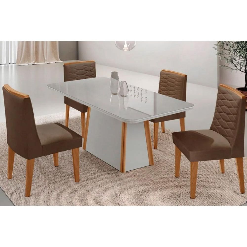 Conjunto Sala de Jantar Tilia c/ Tampo Madeirado c/ Vidro Canto Curvo 120x80cm e 4 Cadeiras Maldivas Madeira Maciça Naturale/Off White - Capuccino/Sue