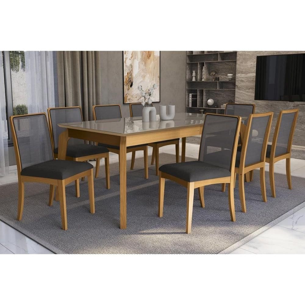 Conjunto Sala de Jantar Petra Premium Madeira Maciça c/ Tampo Madeirado c/ Vidro 200x100cm e 8 Cadeiras Lara Carvalho/Freijo Bronze - Boucle Grafite-K