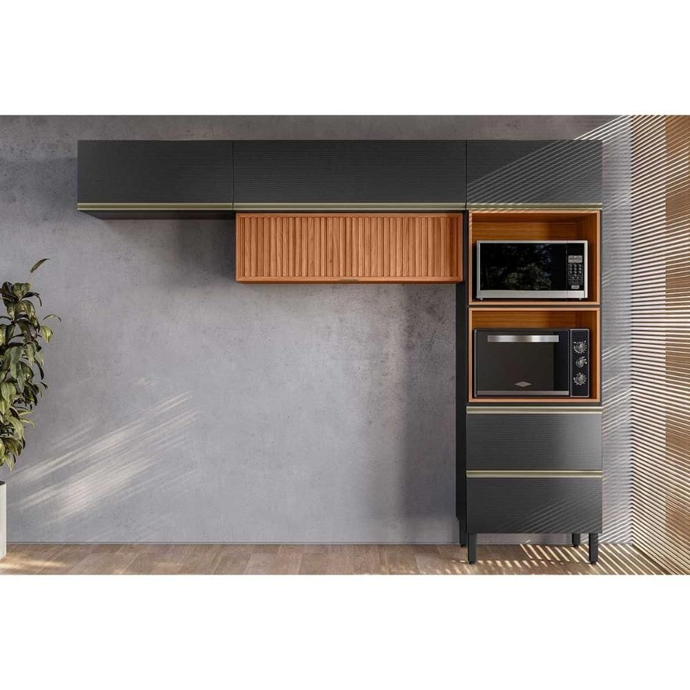 Cozinha Completa Proença 3 Peças (2Aéreos+1TorreQuente) C3P66 Nogueira/Carbono Prime TX - Demóbile