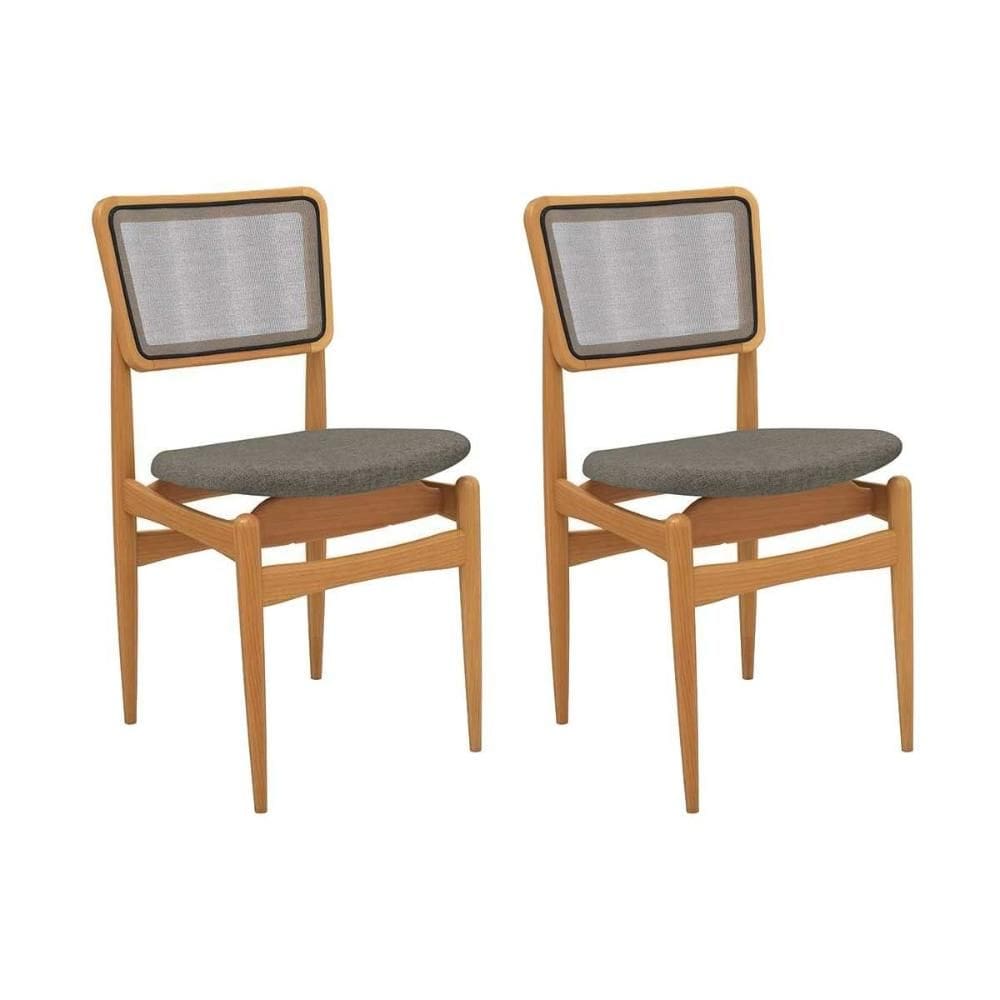 Cadeira Sala de Jantar Stela 1CMM013CA Premium Madeira Maciça Kit 2 Un Carvalho/Linho Escuro/Tela Grafite - Kappesberg