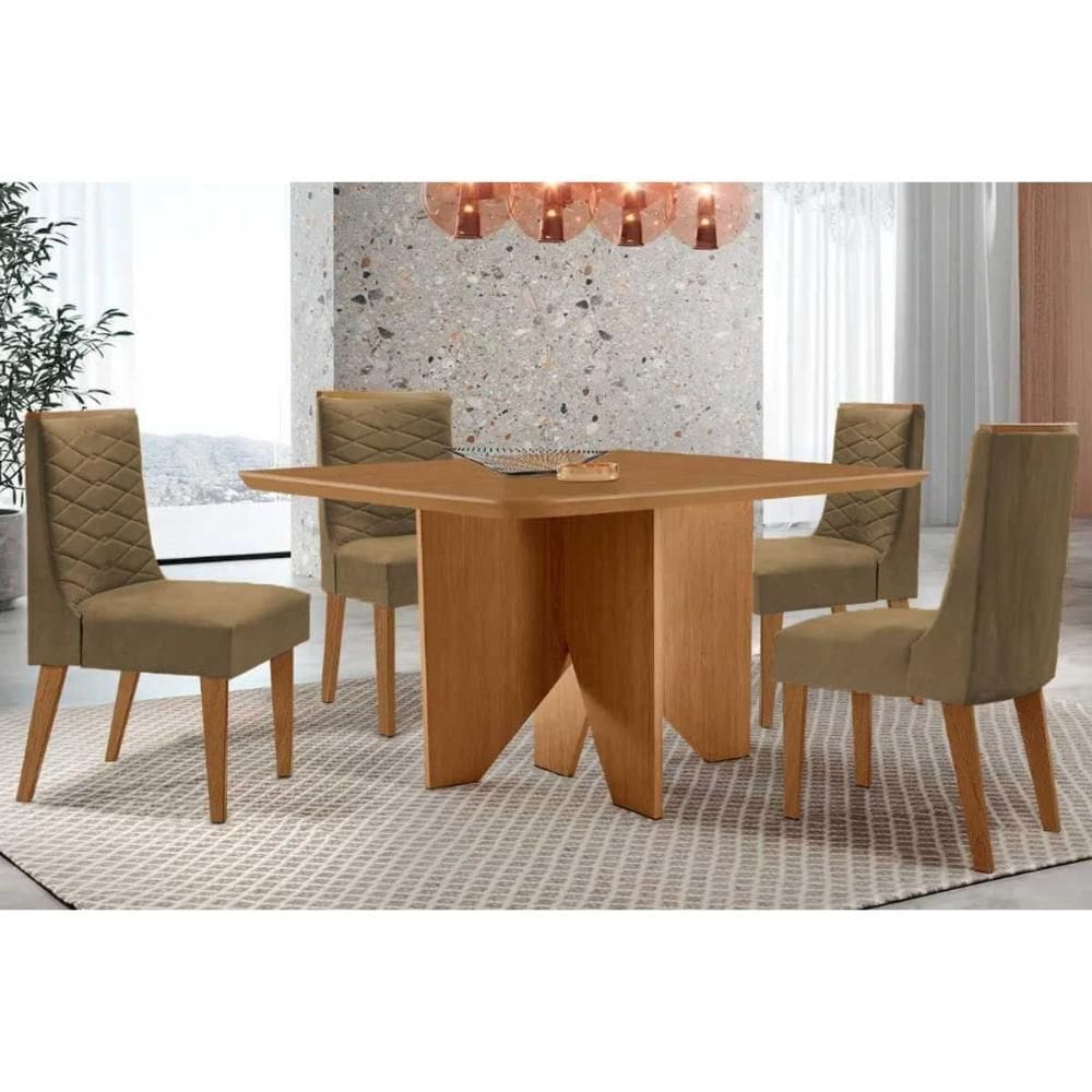 Conjunto Sala de Jantar Nevada c/ Tampo Madeirado Canto Curvo 90x90cm e 4 Cadeiras Maldivas Madeira Maciça Naturale - Capuccino/Suede Capuccino-Rufato