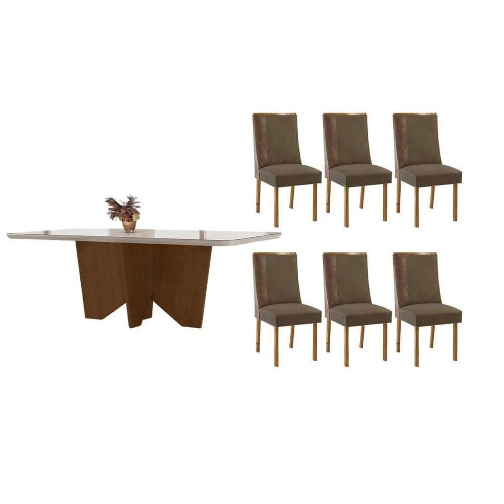 Conjunto Sala de Jantar Nevada c/ Tampo Madeirado c/ Vidro Canto Curvo 180x90cm e 6 Cadeiras Tilia Madeira Maciça Naturale/Off White - Capuccino/Suede