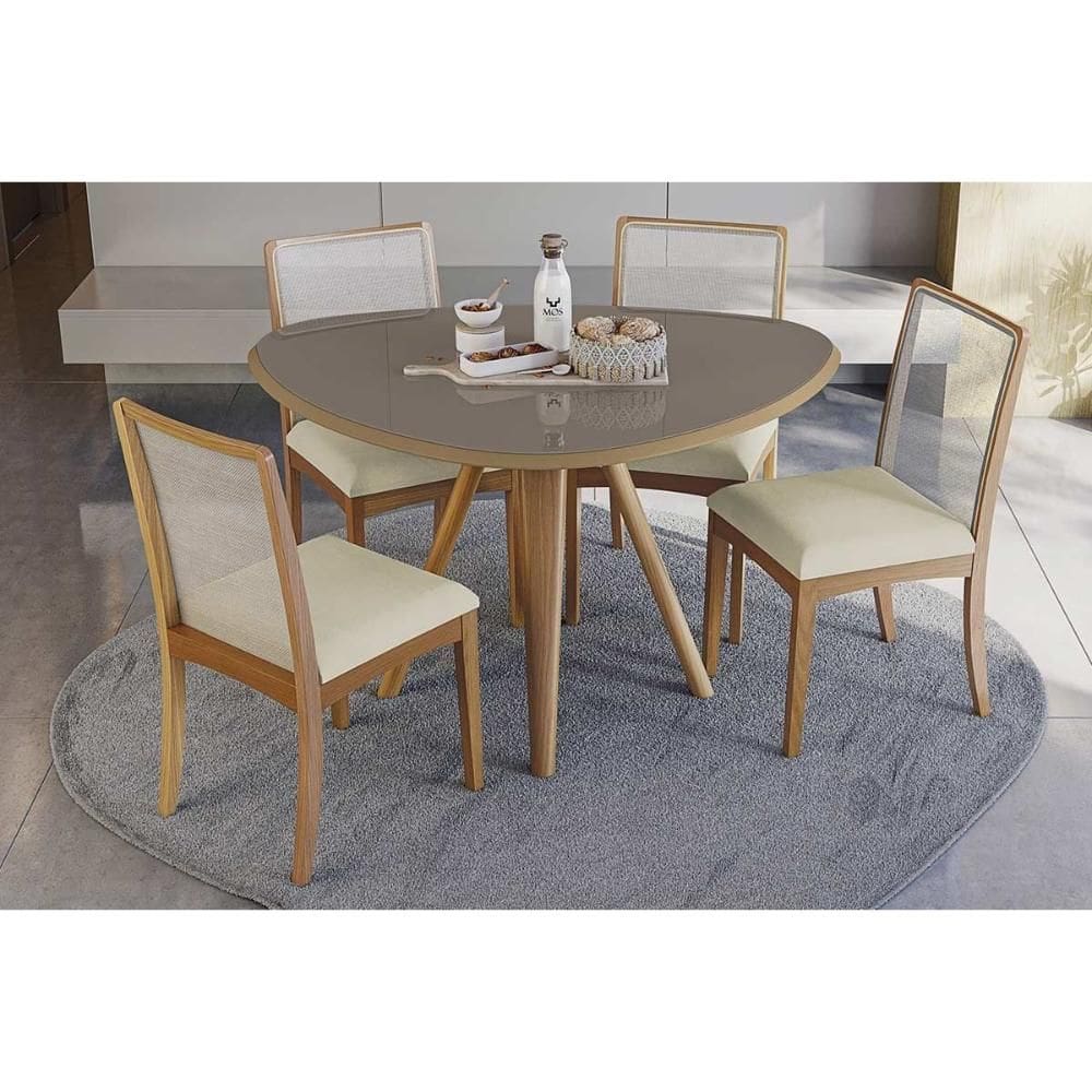 Conjunto Sala de Jantar Duna Premium Madeira Maciça c/ Tampo Madeirado c/ Vidro 135x105cm e 4 Cadeiras Lara Carvalho/Freijo Bronze - Linho Bege Argila