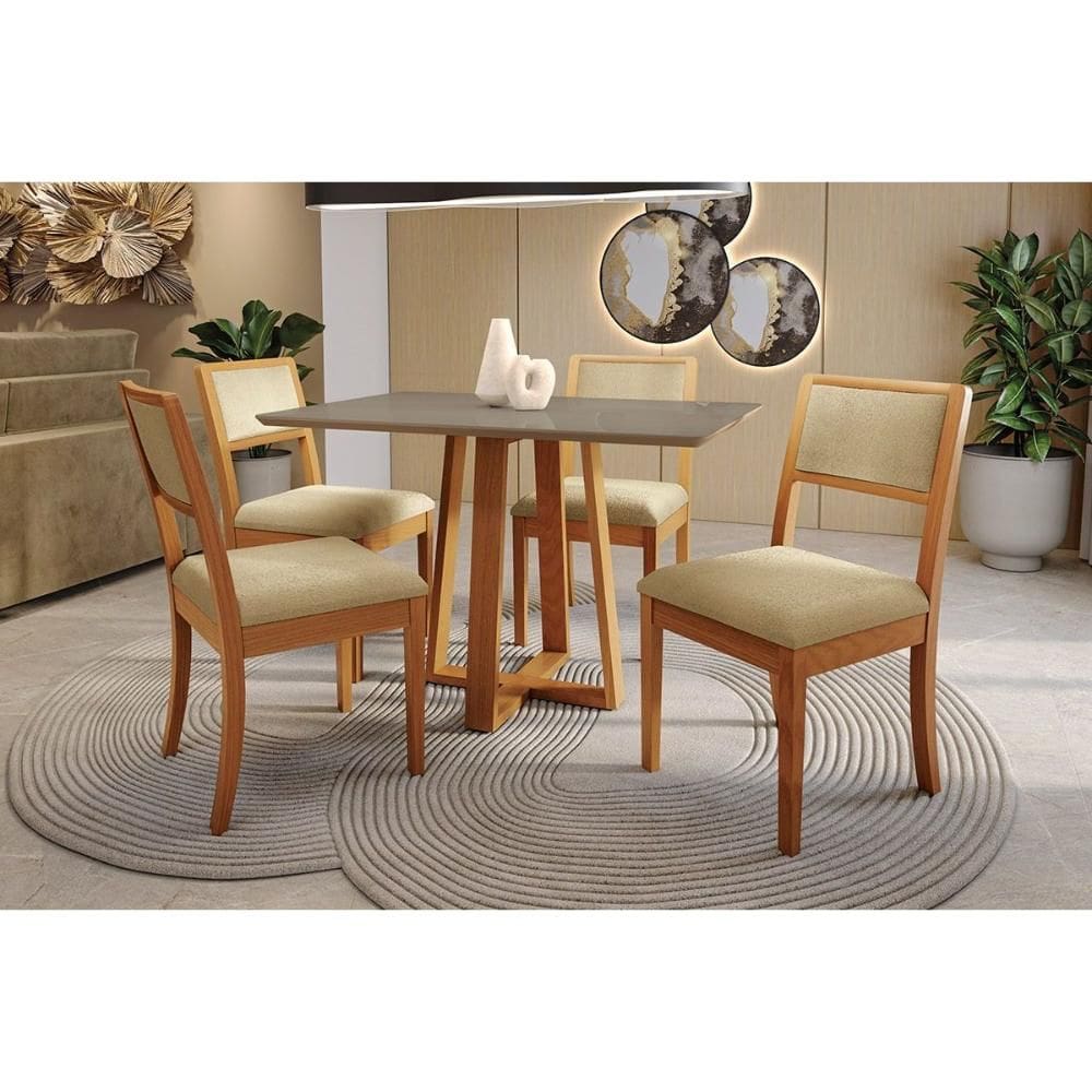Conjunto Sala de Jantar Elma Premium Madeira Maciça c/ Tampo Madeirado c/ Vidro 120x80cm e 4 Cadeiras Alice Carvalho/Freijo Bronze - Boucle Bege-Kappe