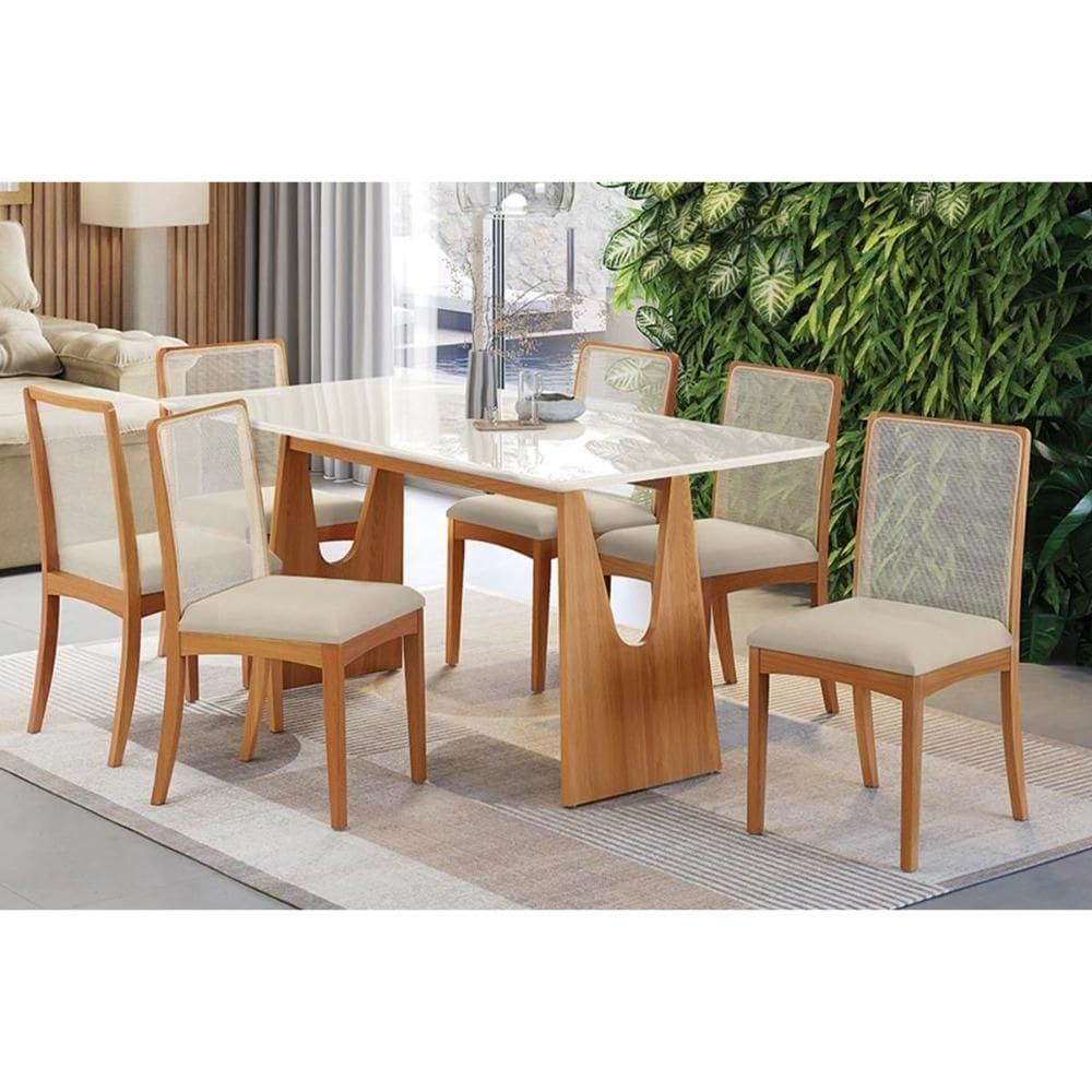 Conjunto Sala de Jantar Mila Premium Madeira Maciça c/ Tampo Madeirado c/ Vidro 180x90cm e 6 Cadeiras Lara Carvalho/Off White - Linho Bege Argila-Kapp
