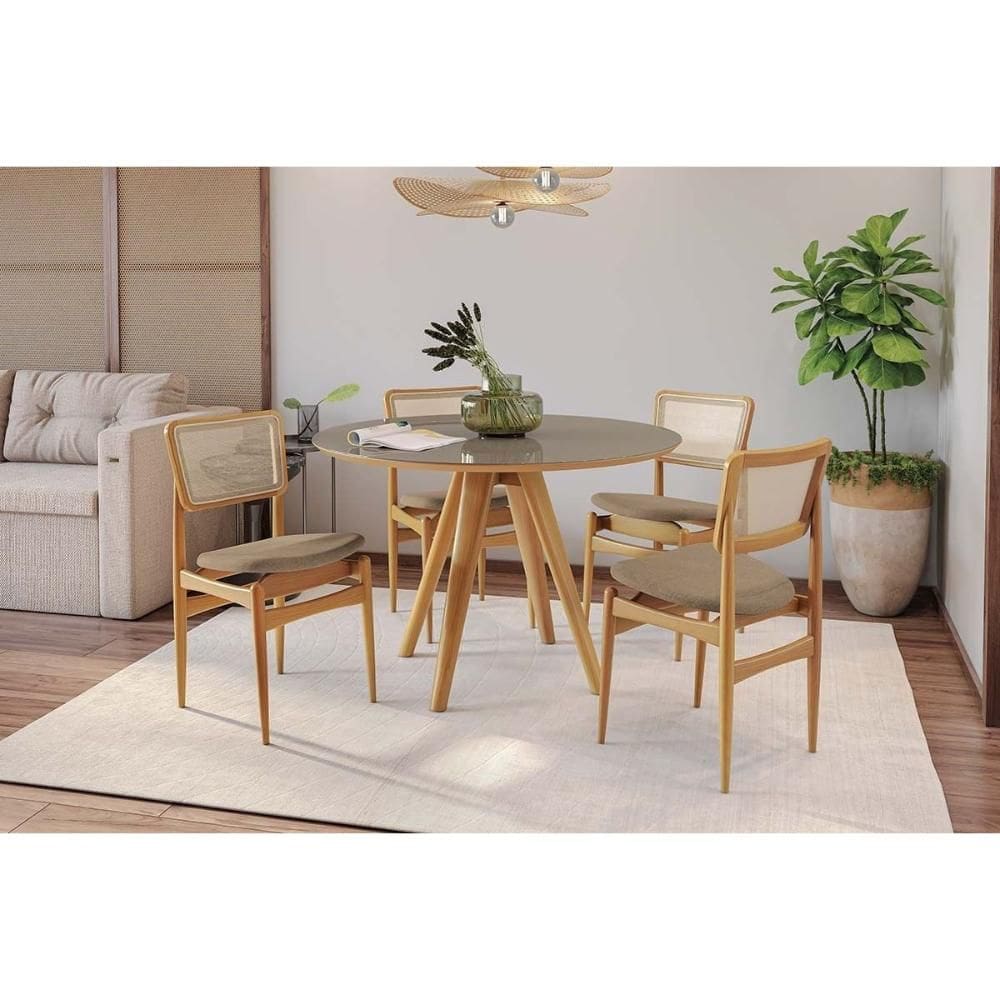 Conjunto Sala de Jantar Duna Premium Madeira Maciça c/ Tampo Madeirado c/ Vidro 120x120cm e 4 Cadeiras Stela Carvalho/Freijo Bronze - Boucle Bege Fend