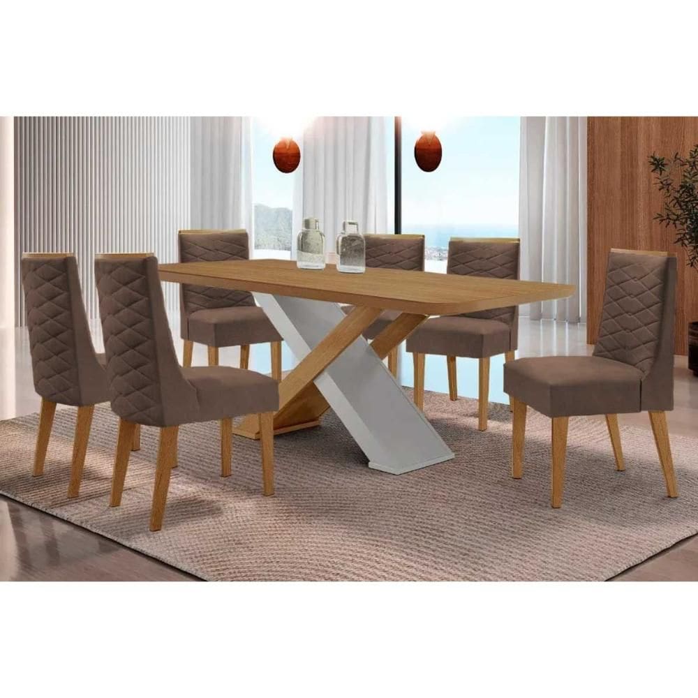 Sala de Jantar Completa Imperatriz c/ Tampo Madeirado Canto Curvo 180x90cm e 6 Cadeiras Dafne Naturale/Off White - Suede Marrom - Rufato