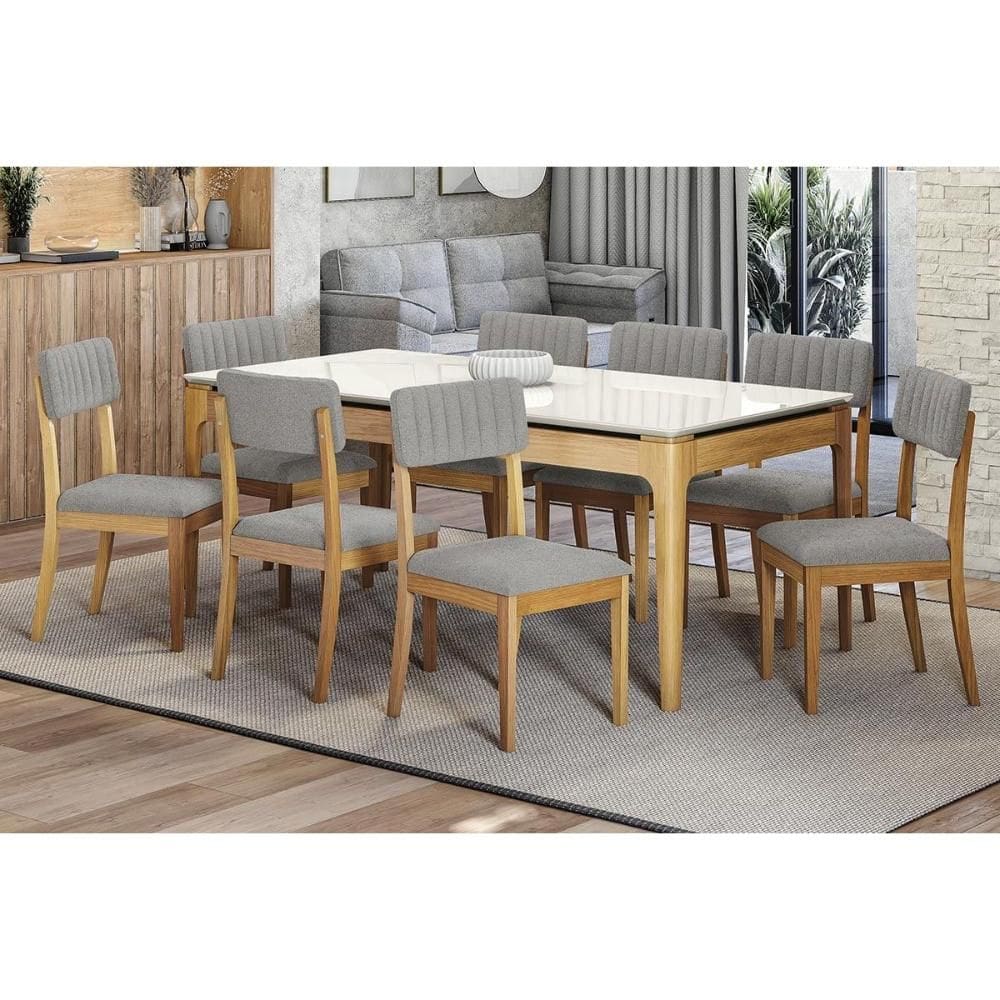 Conjunto Sala de Jantar Mira Premium Madeira Maciça c/ Tampo Madeirado c/ Vidro 200x100cm e 8 Cadeiras Telma Carvalho/Off White - Boucle Cinza-Kappesb