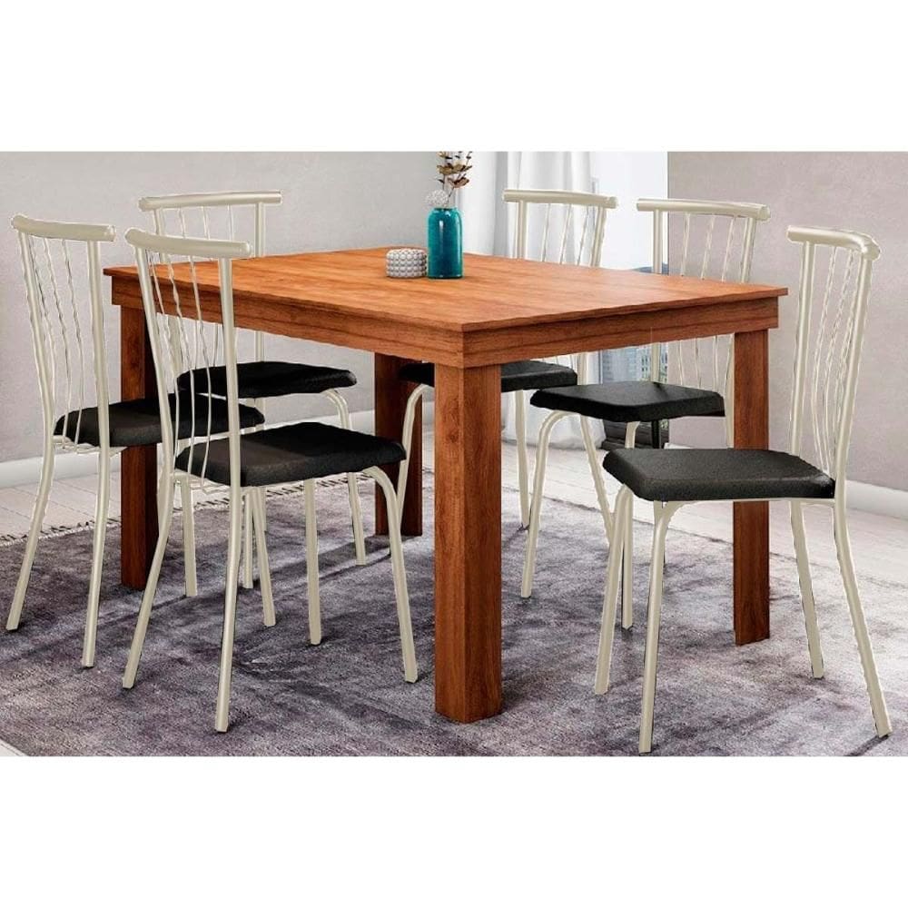 Sala de Jantar Completa 1543 c/ Tampo Madeirado 136x80cm e 6 Cadeiras 154 Prata/Corano Preto - Carraro