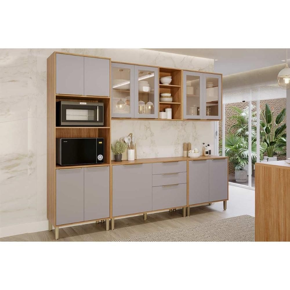 Cozinha Completa Brilhante 5 Peças (2Aéreos+2Balcões+1TorreQuente) C5P161 Cinamomo/Platina - MGM