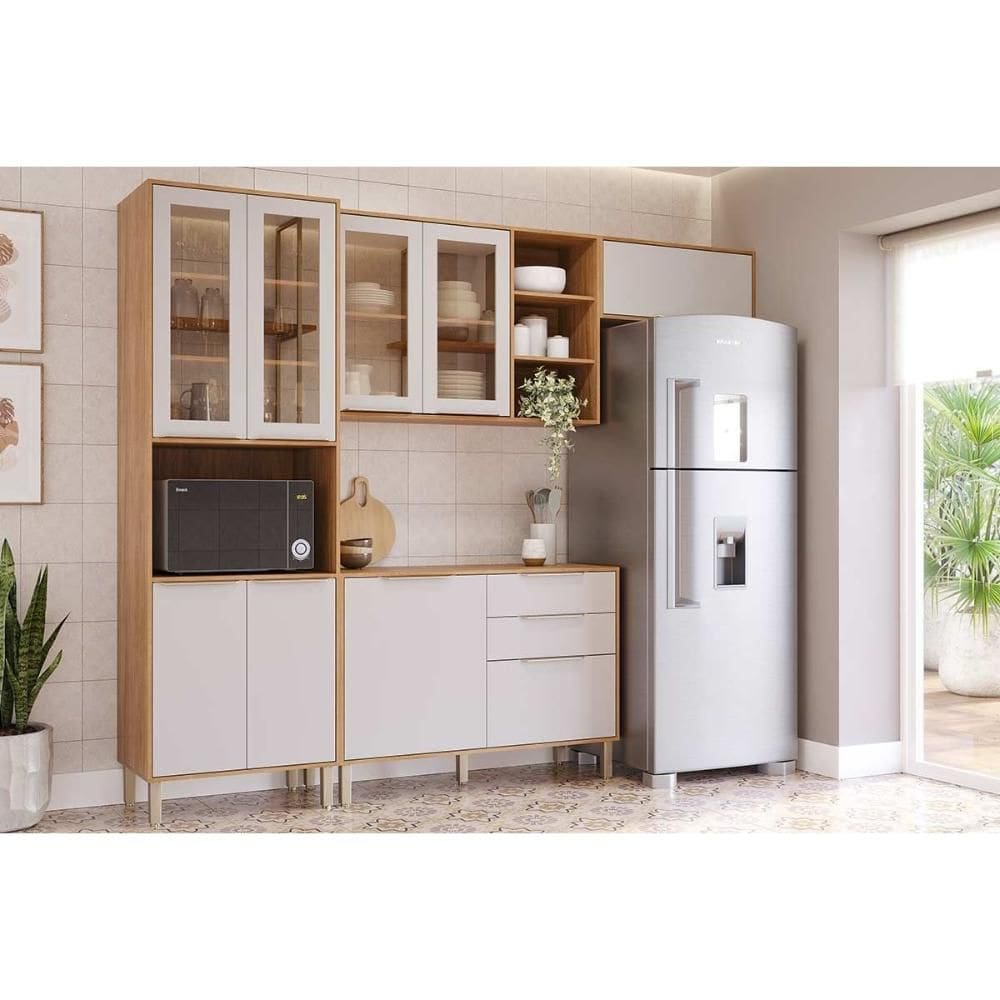 Cozinha Completa Brilhante 4 Peças (2Aéreos+1Balcão+1Paneleiro) C4P256 Cinamomo/Off White - MGM