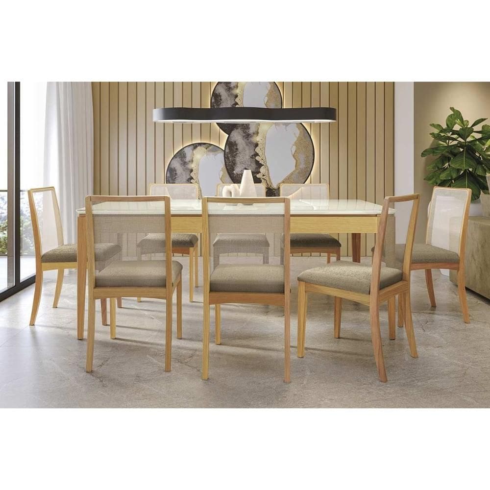 Conjunto Sala de Jantar Mira Premium Madeira Maciça c/ Tampo Madeirado c/ Vidro 200x100cm e 8 Cadeiras Lara Carvalho/Off White - Boucle Bege Fendi-Kap