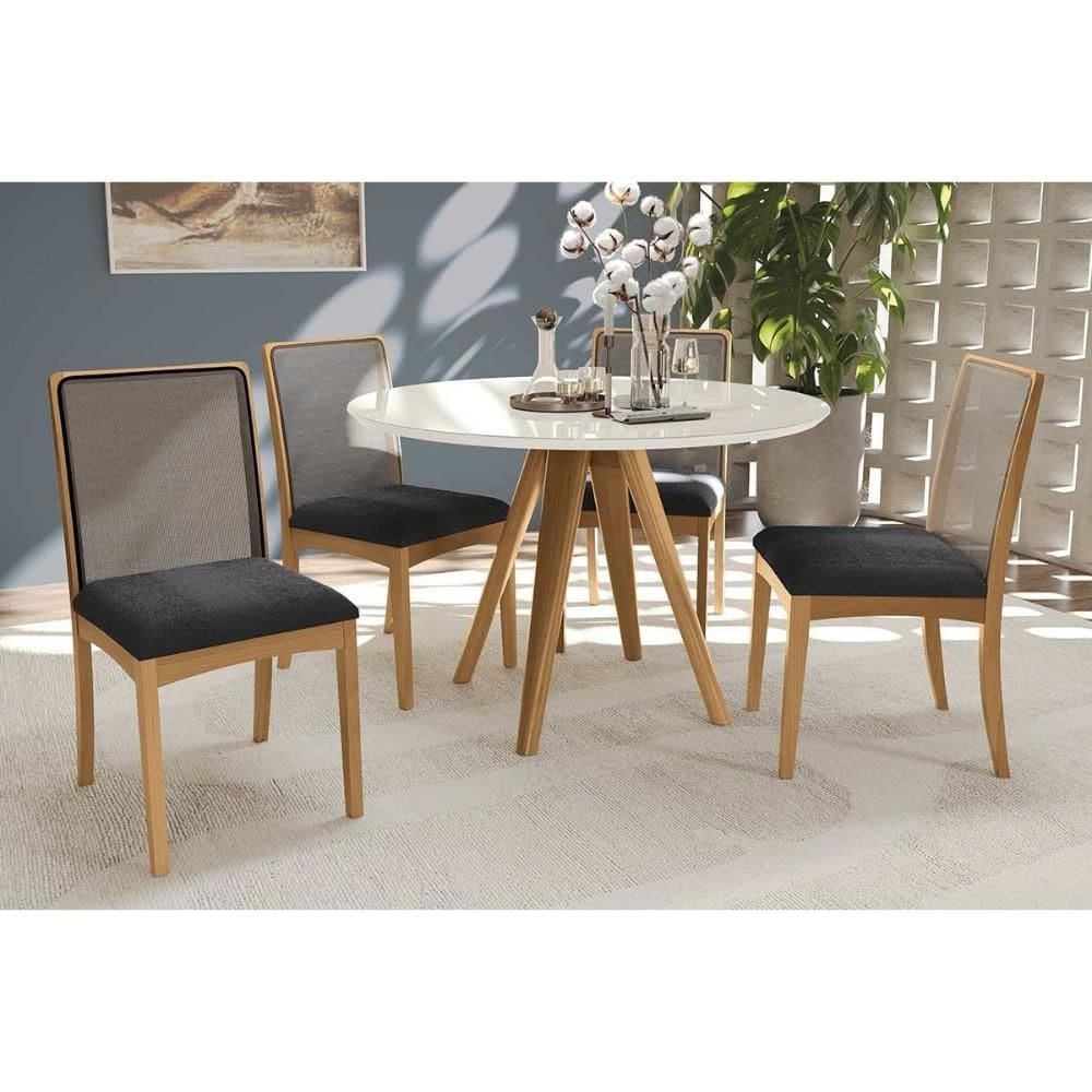 Conjunto Sala de Jantar Duna Premium Madeira Maciça c/ Tampo Madeirado c/ Vidro 120x120cm e 4 Cadeiras Lara Carvalho/Off White - Boucle Grafite-Kappes