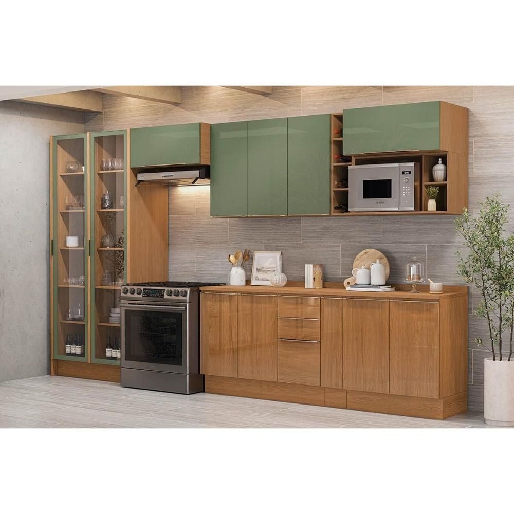 Cozinha Completa Vibra 13 Peças (3Aéreos+3Balcões+2Paneleiros+5Complementos) C13P3 Canela/Verde Pistache Lacca - Kappesberg