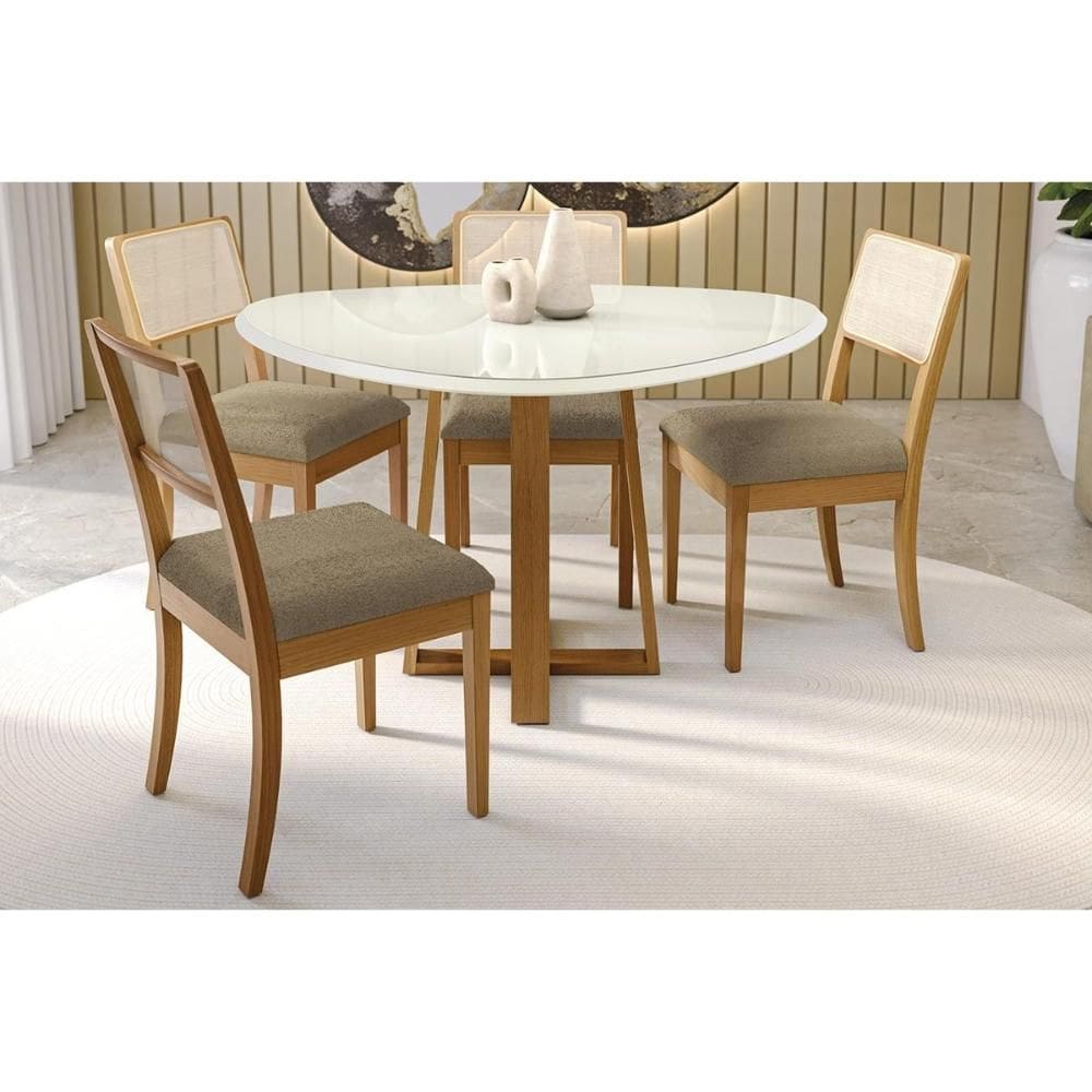 Conjunto Sala de Jantar Elma Premium Madeira Maciça c/ Tampo Madeirado c/ Vidro 135x105cm e 4 Cadeiras Lola Carvalho/Off White - Boucle Bege Fendi-Kap