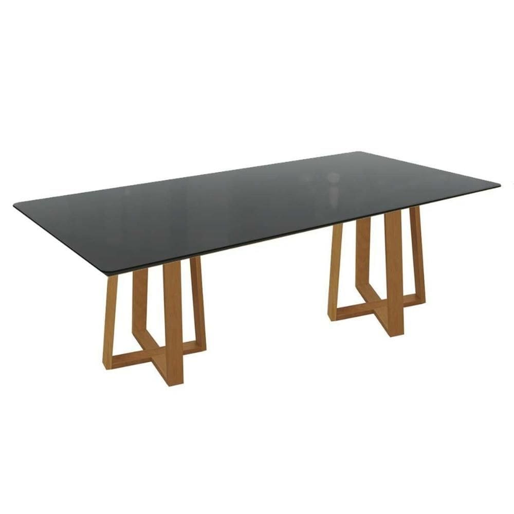 Mesa de Sala Jantar Elma Madeira Maciça c/ Tampo Madeirado c/ Vidro 200x100cm Carvalho/Preto Fosco - Kappesberg