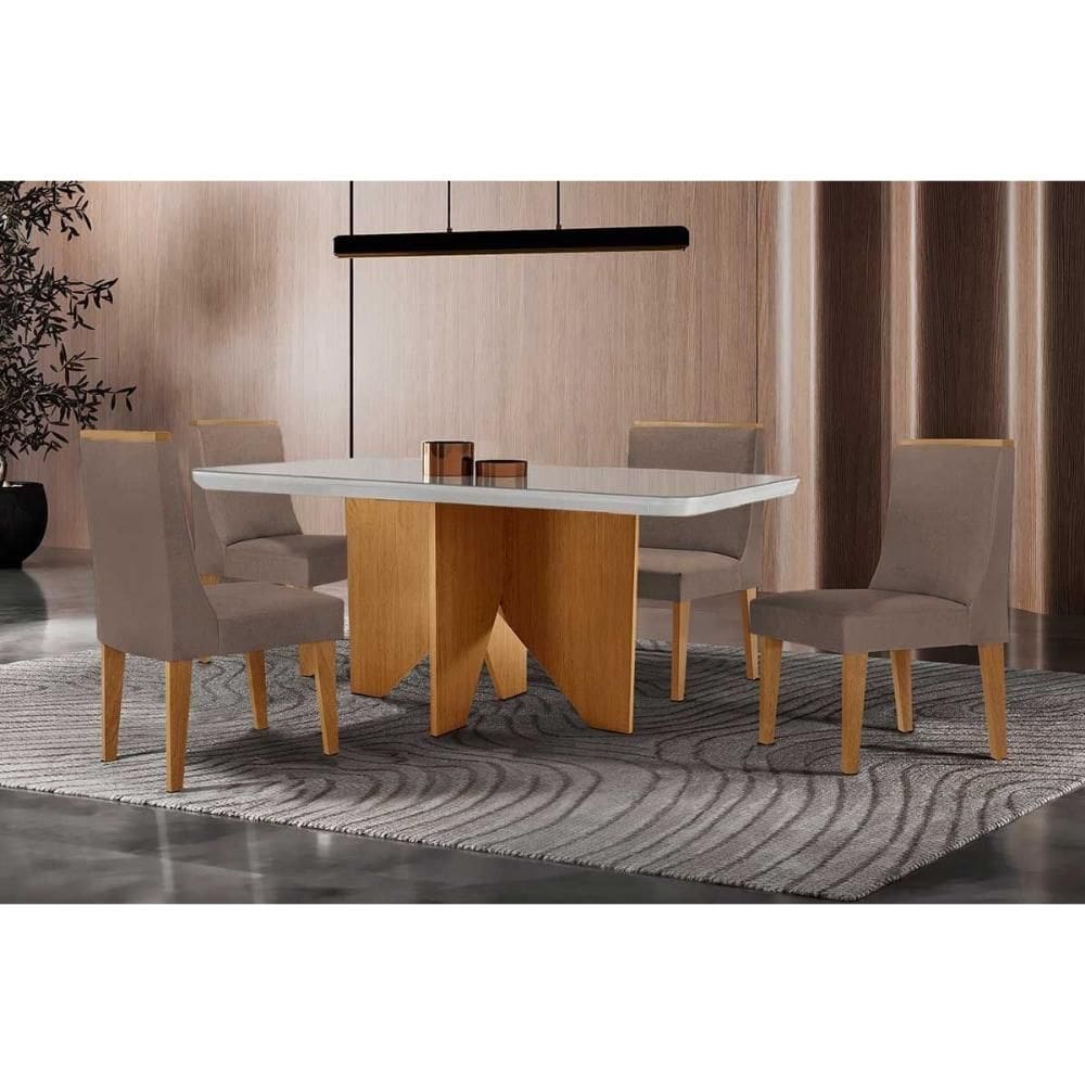 Conjunto Sala de Jantar Nevada c/ Tampo Madeirado c/ Vidro Canto Curvo 120x80cm e 4 Cadeiras Dakota Madeira Maciça Naturale/Off White - Capuccino/Cora