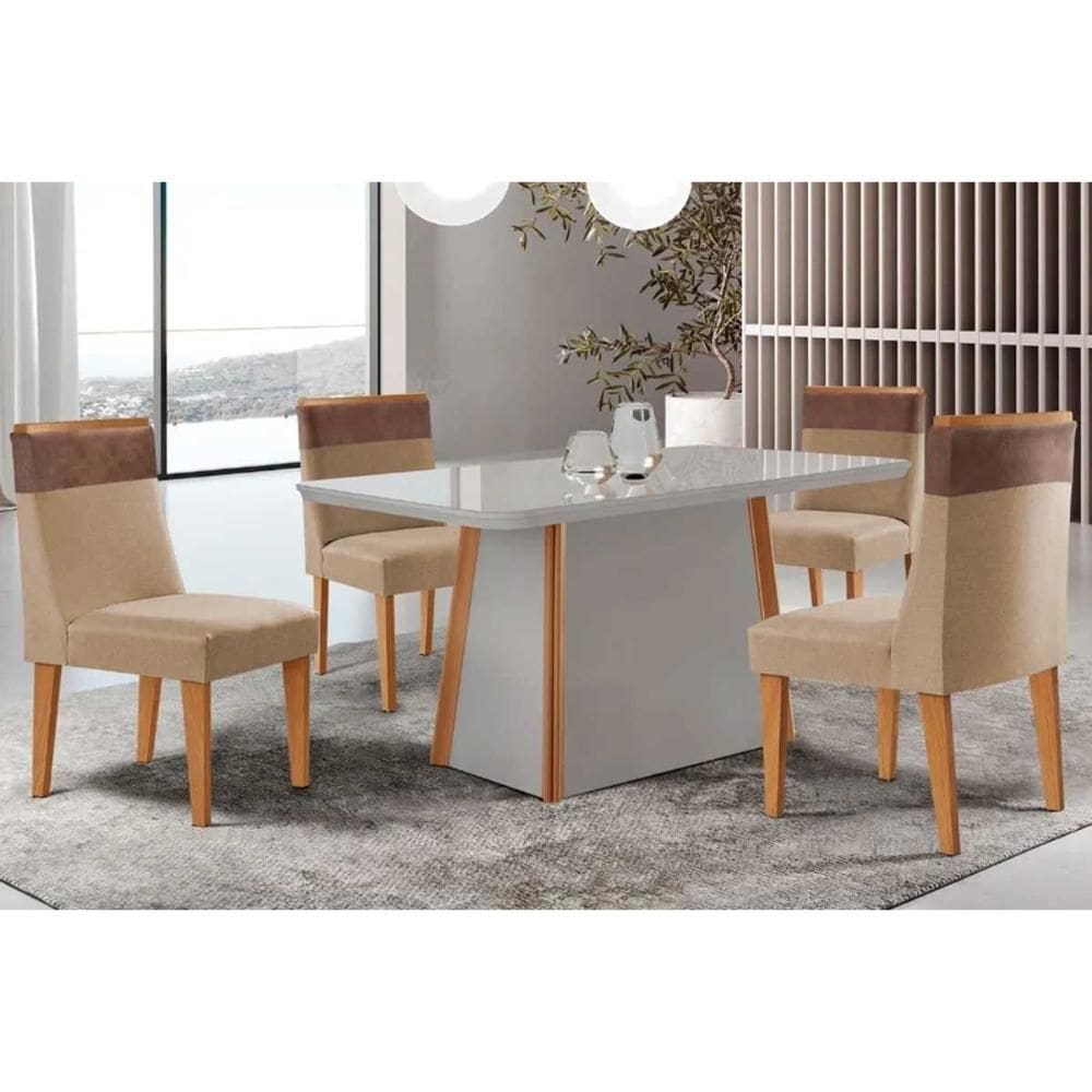 Conjunto Sala de Jantar Tilia c/ Tampo Madeirado c/ Vidro Canto Curvo 120x80cm e 4 Cadeiras Jaspe Madeira Maciça Naturale/Off White - Capuccino/Linho