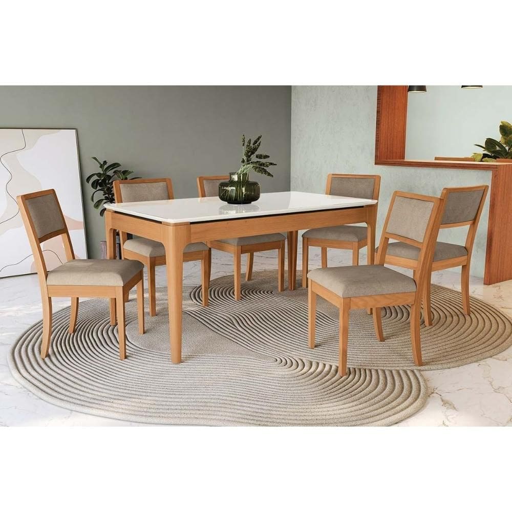 Conjunto Sala de Jantar Mira Premium Madeira Maciça c/ Tampo Madeirado c/ Vidro 160x90cm e 6 Cadeiras Alice Carvalho/Off White - Boucle Bege Fendi-Kap