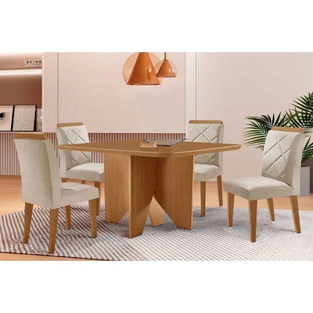 Sala de Jantar Completa Nevada c/ Tampo Madeirado Canto Curvo 90x90cm e 4 Cadeiras Pietá Madeira Maciça Naturale - Capuccino/Suede Creme - Rufato