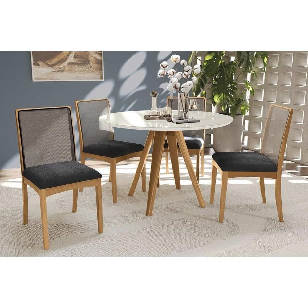 Conjunto Sala de Jantar Duna Premium Madeira Maciça c/ Tampo Madeirado c/ Vidro 120x120cm e 4 Cadeiras Lara Carvalho/Off White - Boucle Grafite-Kappes