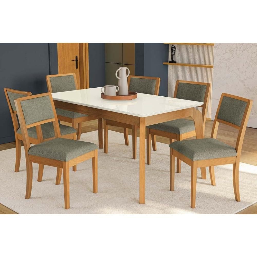 Conjunto Sala de Jantar Petra Premium Madeira Maciça c/ Tampo Madeirado c/ Vidro 160x90cm e 6 Cadeiras Alice Carvalho/Off White - Linho Cinza-Kappesbe