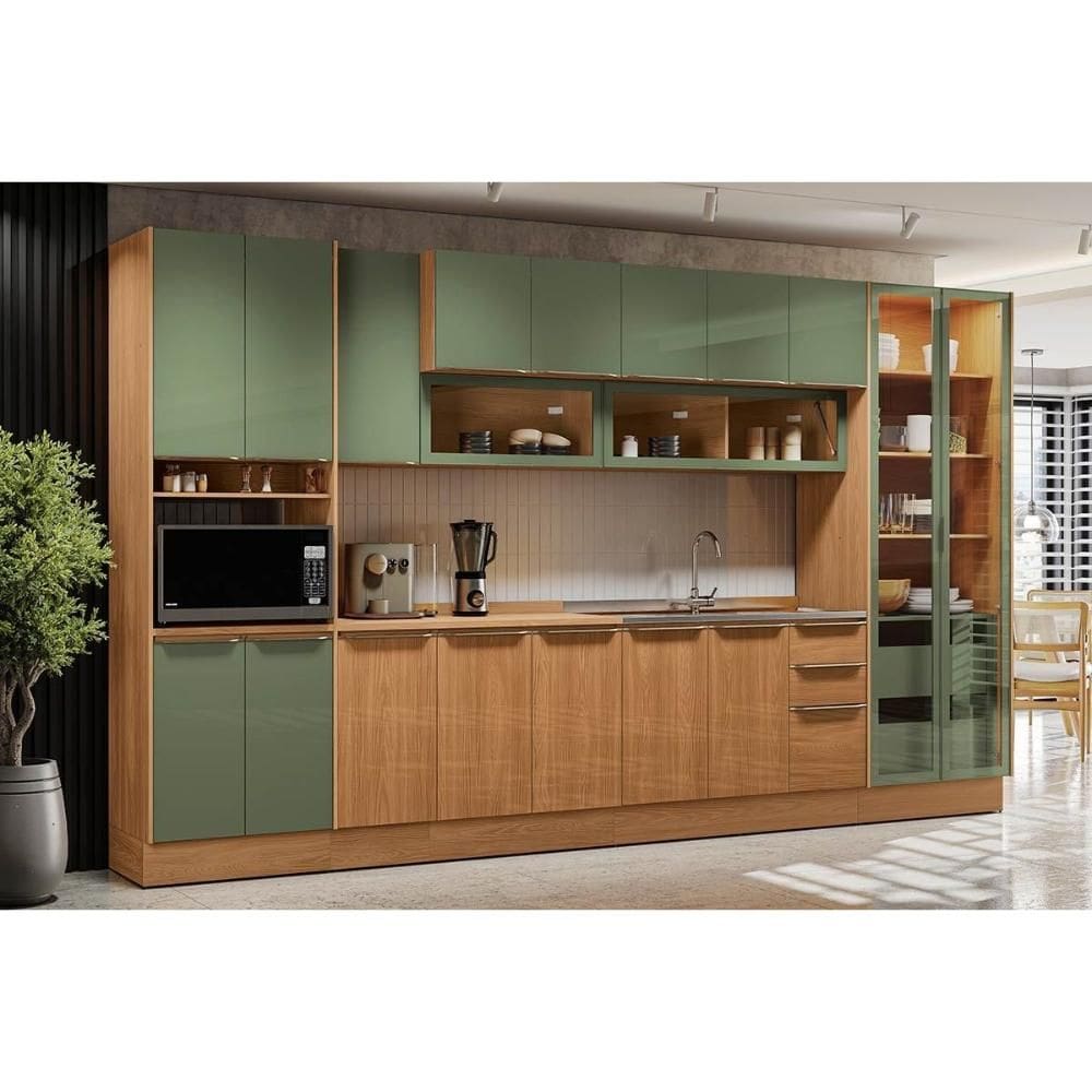 Cozinha Completa Vibra 10 Peças (3Aéreos+3Balcões+1Paneleiro+1Cristaleira+2Complementos) C10P17 Canela/Verde Pistache Lacca - Kappesberg