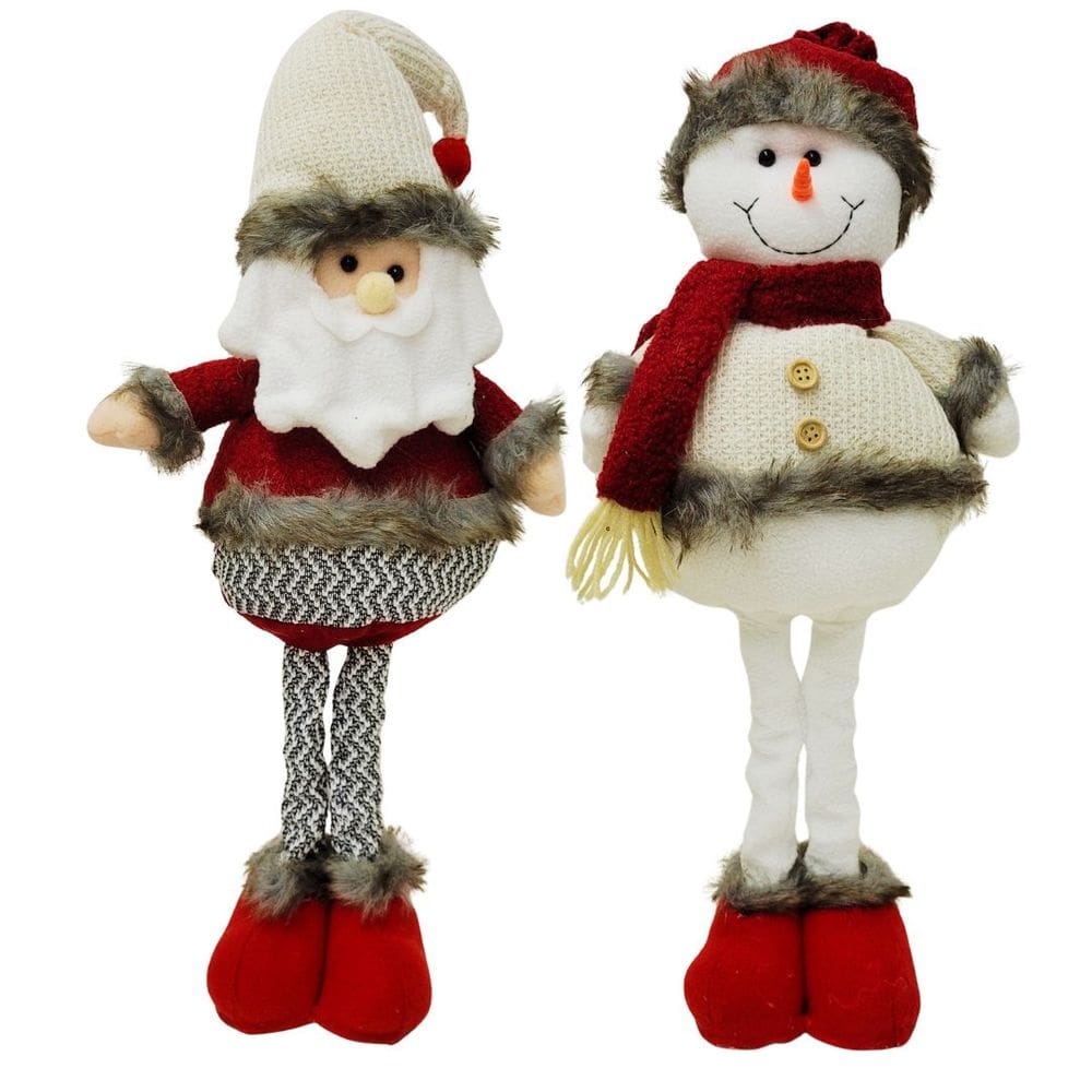 Jogo Papai Noel e Boneco de Neve Pelúcia Retrátil Perna Extensível 36cm a 50cm Vinho e Branco