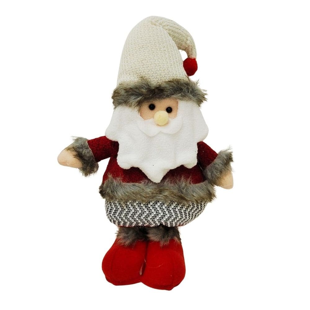 Papai Noel Pelúcia Retrátil Perna Extensível 36cm a 50cm Vinho e Cinza