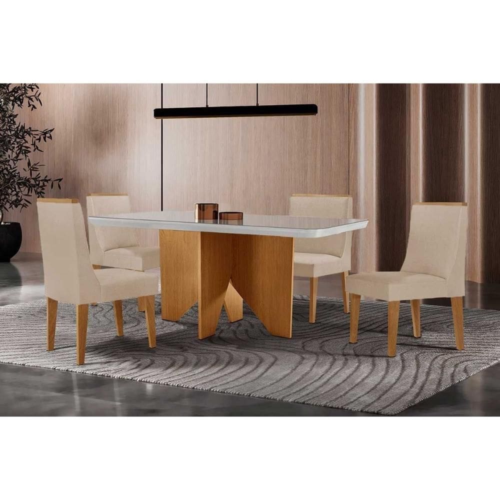 Conjunto Sala de Jantar Nevada c/ Tampo Madeirado c/ Vidro Canto Curvo 120x80cm e 4 Cadeiras Dakota Madeira Maciça Naturale/Off White - Capuccino/Sued
